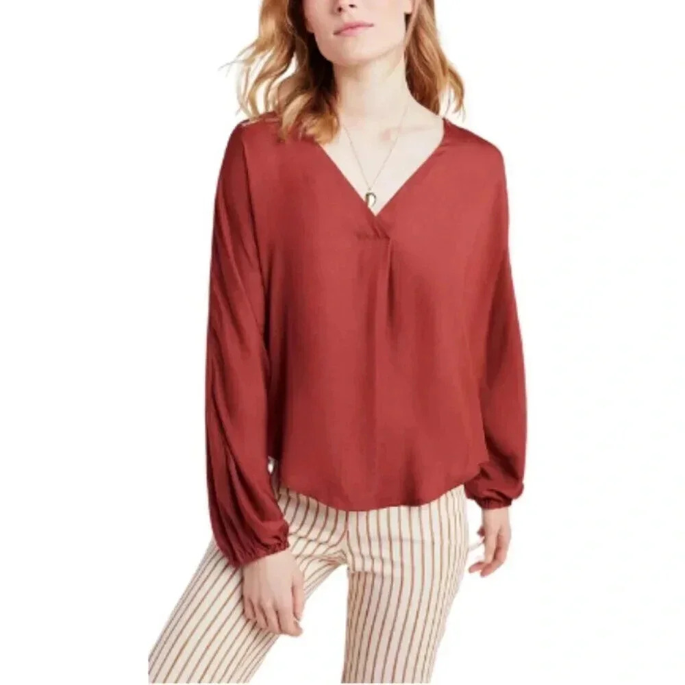 Anthropologie Womens Xsmall Contessa Vneck Top Brick  Rust Color